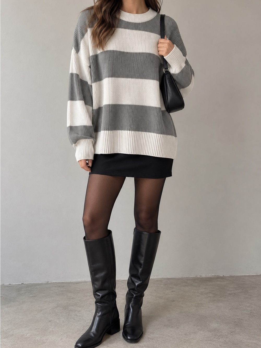 Jessica Simpson Cream and Green Striped Ribbed Crew Sweater